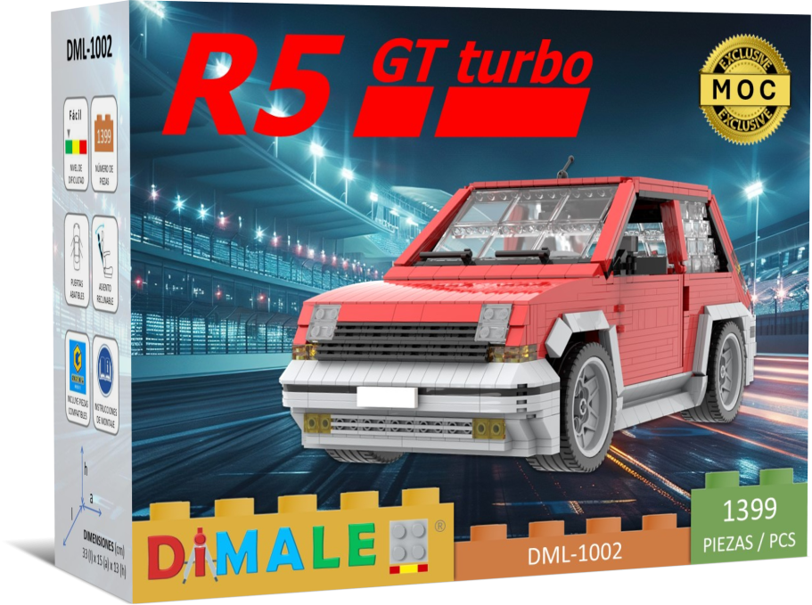 Coche Renault 5 GT Turbo Lego MOC Caja de un modelo de coche LEGO R5 GT Turbo, rojo, con detalles de diseño.