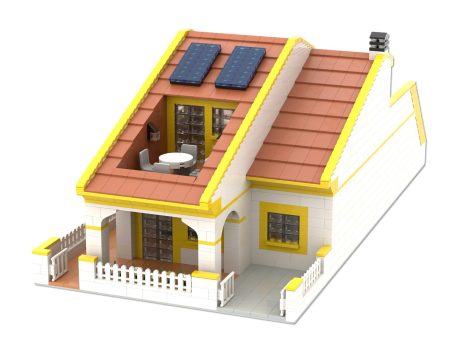 Modelo de casa pequeña con paneles solares en el techo y terraza.