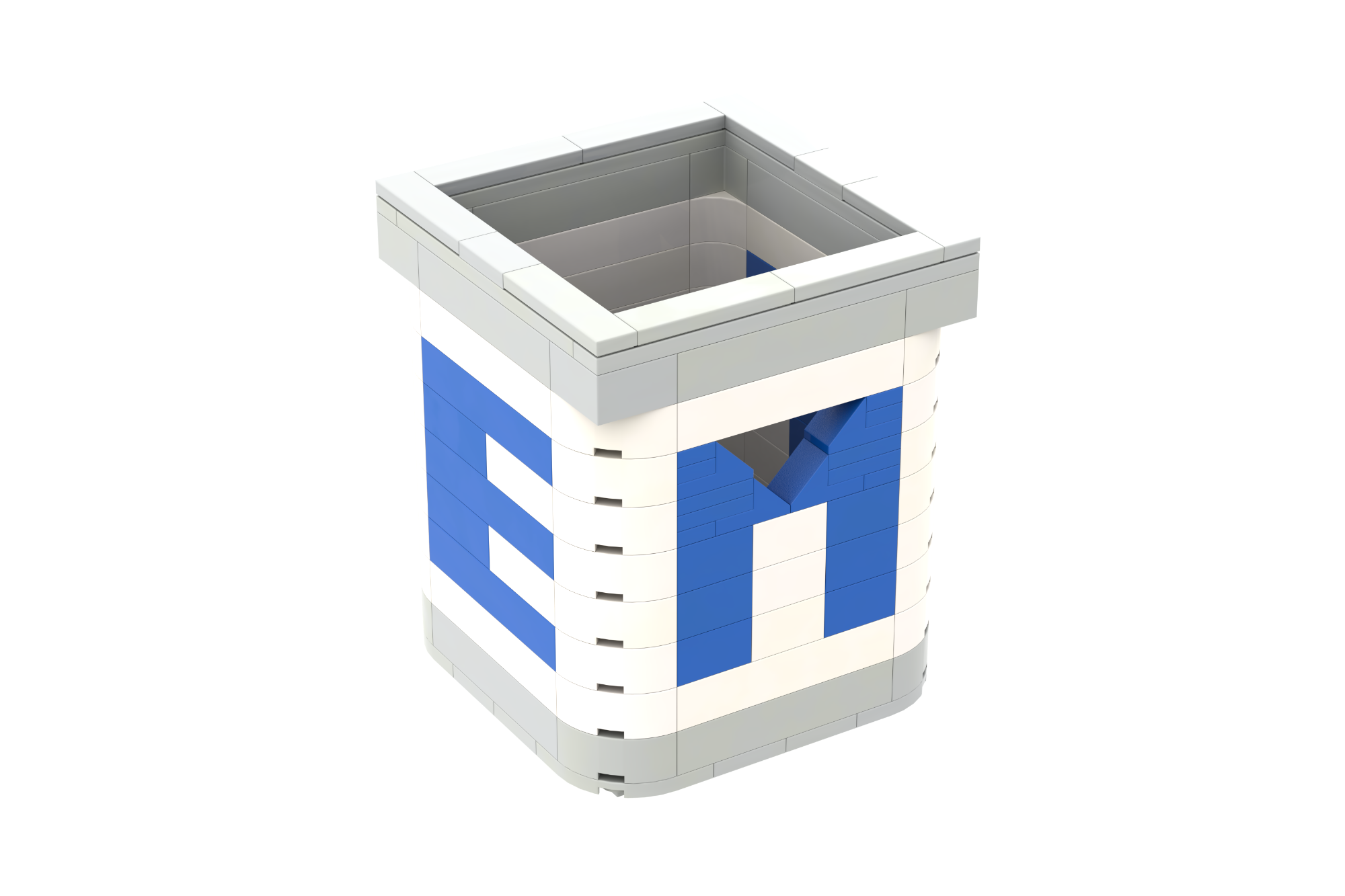 Papelera blanca y azul con la letra "E" en un lado.