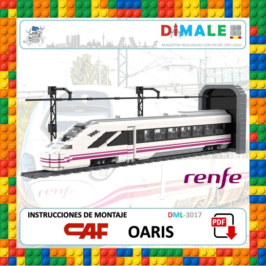 Instrucciones CAF Oaris Renfe (1 módulo) Tren modelo de Renfe en color blanco y rosa sobre fondo de bloques de colores.