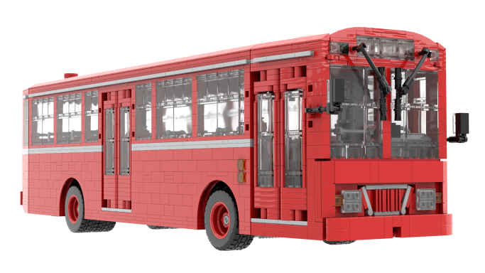Autobús de juguete de color rojo con detalles en blanco y diseño clásico.