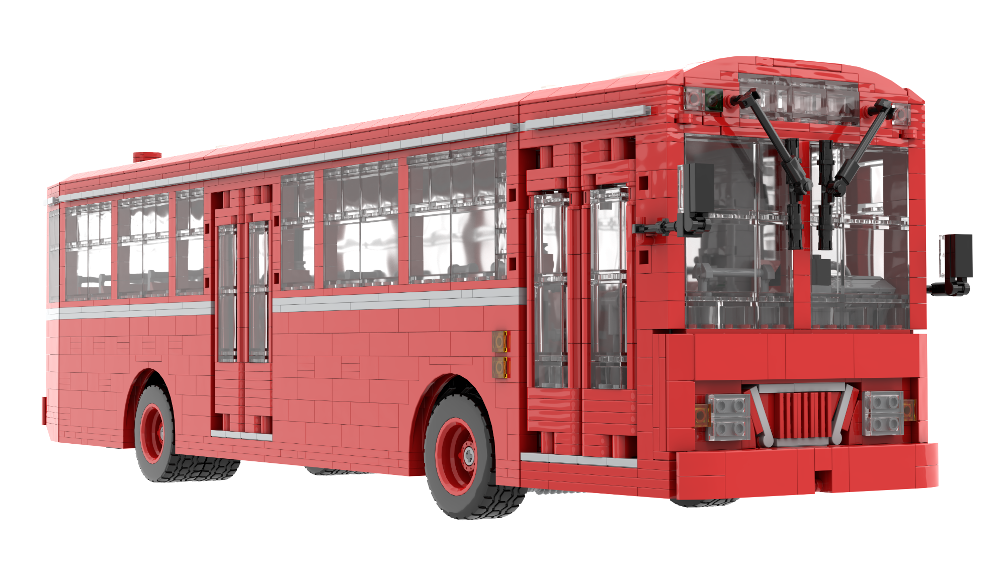 Autobús rojo de estilo retro con detalles en las ventanas y puertas.