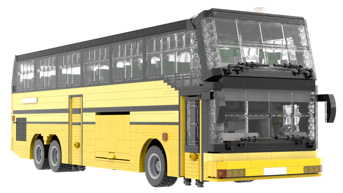 Autobús de dos pisos de color amarillo, con ventanas amplias y diseño moderno.