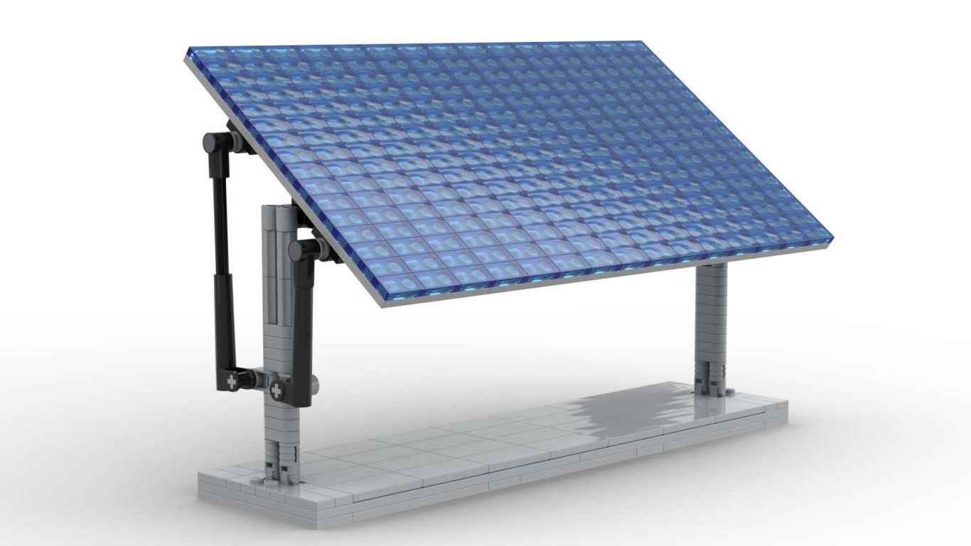 Panel solar azul montado sobre una base metálica, orientado hacia el sol.