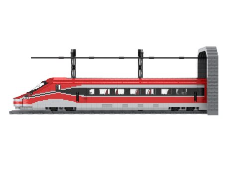 Tren de alta velocidad rojo y plateado, estacionado en una plataforma moderna.