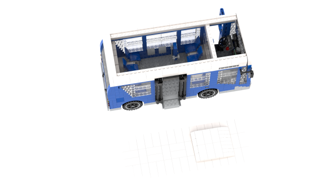 Modelo de autobús de juguete en azul con detalles visibles en el interior.