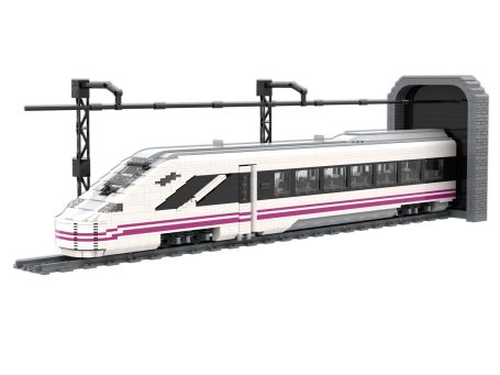 Tren de alta velocidad blanco y rosa saliendo de un túnel.