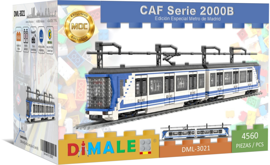 Tren Metro Madrid CAF S2000B Lego MOC Tren modelo CAF Serie 2000B en caja de construcción de bloques, colores azul y blanco.