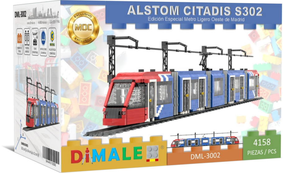 Tranvía Alstom Citadis S302 MLO Madrid Lego MOC Maqueta de tren Alstom Citadis S302 en colores rojo, azul y blanco. Incluye piezas de construcción.