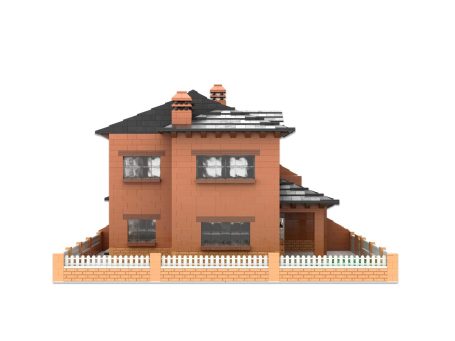 Casa de dos plantas de ladrillo con tejado a dos aguas y valla blanca.