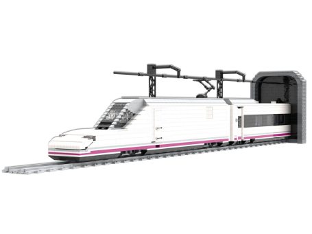 Tren de alta velocidad Talgo 350 S102 blanco con detalles en rosa saliendo de un túnel.