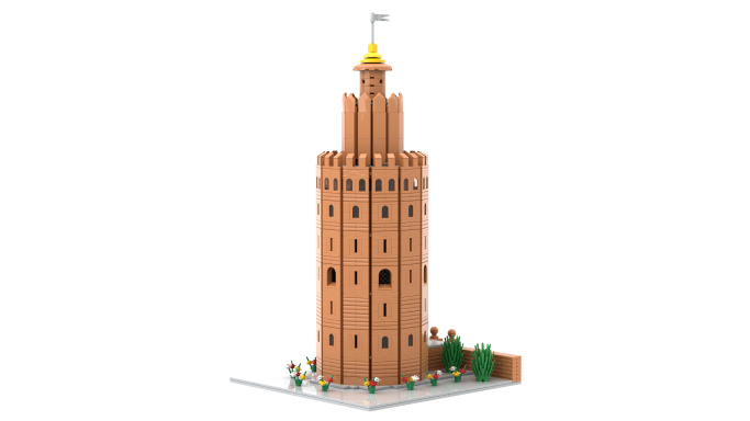 Torre de ladrillo con una cima dorada y detalles arquitectónicos.