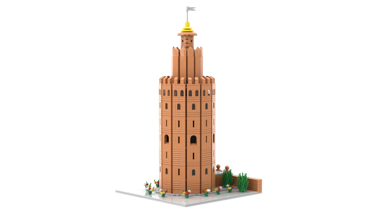 Torre de ladrillo con cúpula dorada y detalles arquitectónicos en un entorno verde.