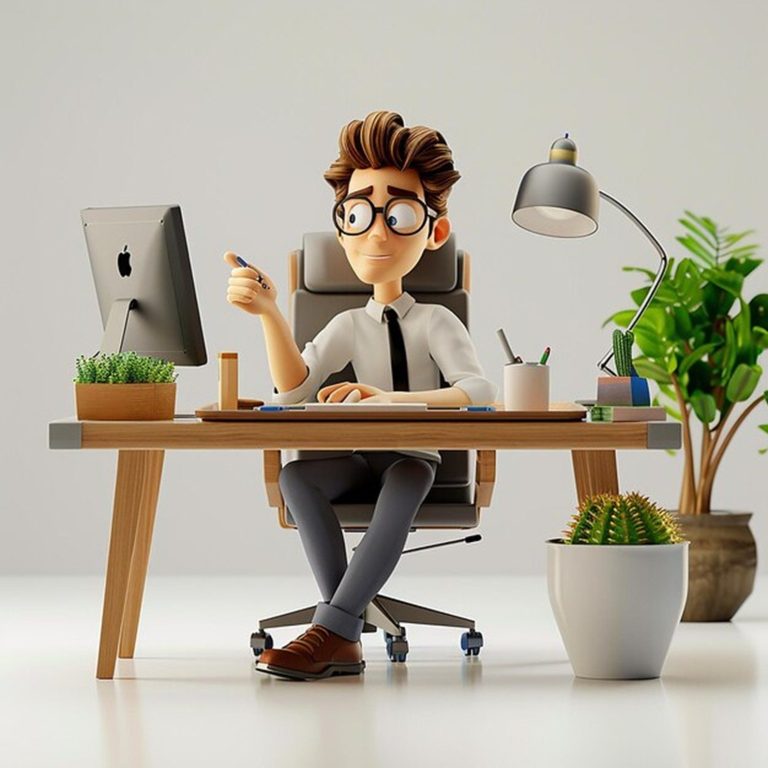Persona con gafas sentado en un escritorio, usando una computadora y con plantas decorativas.