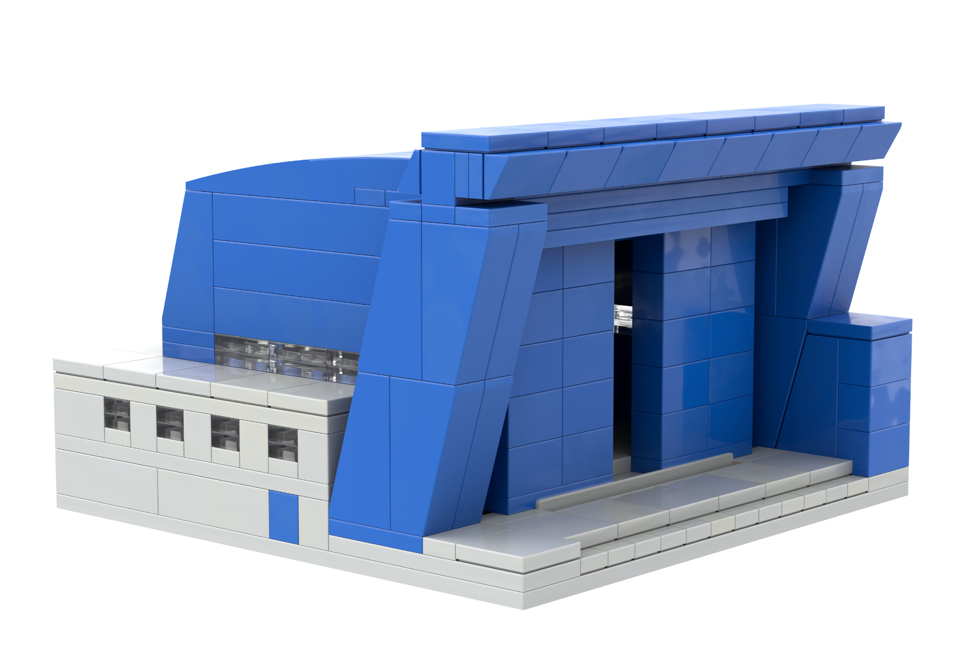 Edificio de estilo moderno en colores azul y gris, con grandes puertas de acceso.