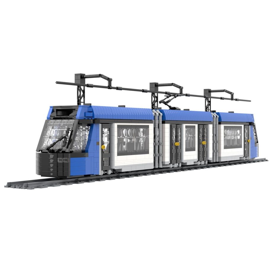 Tren ligero de tres vagones de color azul y blanco en vía urbana.