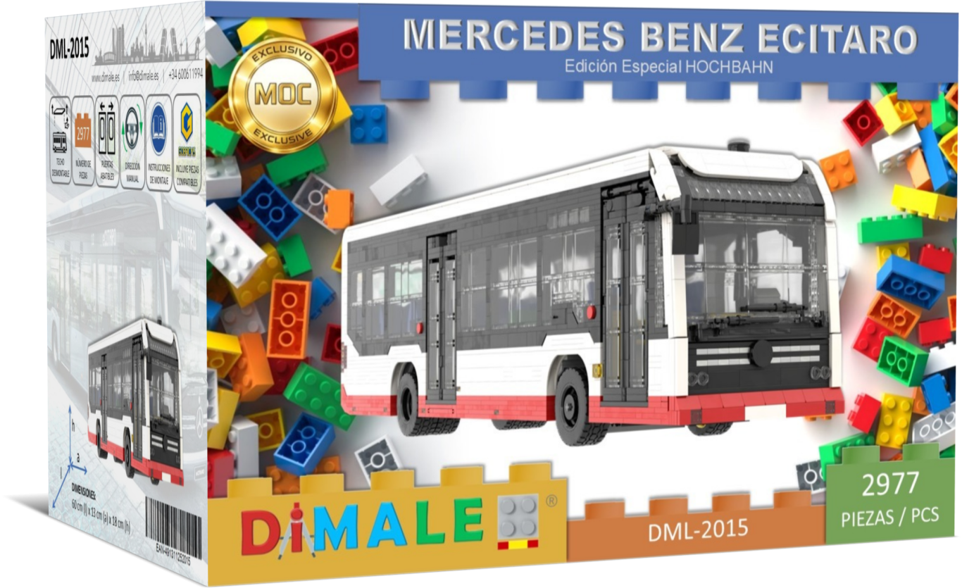 Caja de un modelo de autobús Mercedes Benz Ecitaro, con piezas de construcción de colores.