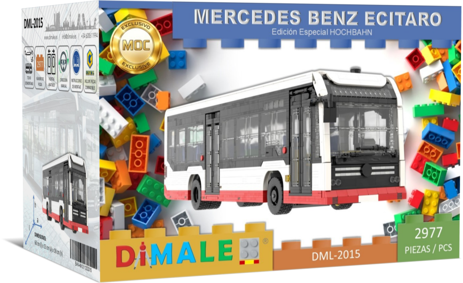 Autobús Mercedes Benz Ecitaro Lego MOC Caja de construcción de un autobús Mercedes Benz Ecitaro con bloques de colores.