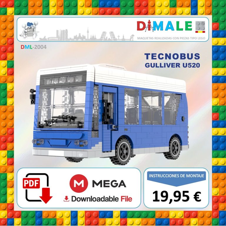 Autobús de juguete azul y blanco, modelo Tecnobus Gulliver U520, con detalles de diseño.