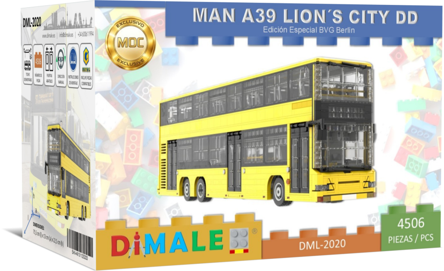 Autobús MAN Lions City A39 DD Lego MOC Maqueta de autobús de dos pisos MAN A39 Lion's City DD en caja colorida.