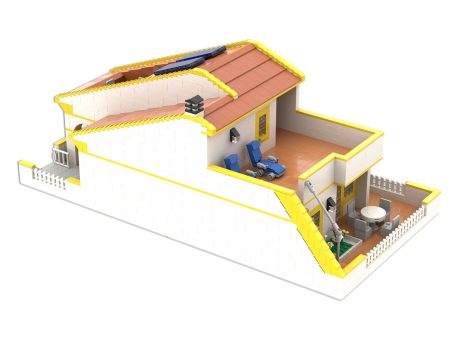 Casa de estilo moderno con terraza y áreas de descanso. Diseño en 3D.