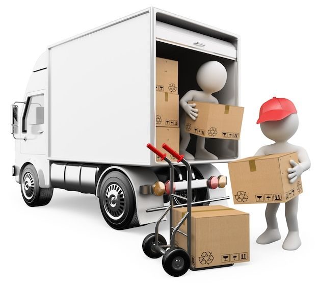 Dos personas descargan cajas de un camión utilizando un carro de mano.