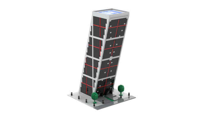 Edificio inclinado con fachadas de paneles oscuros y ventanas, rodeado de árboles y aceras.