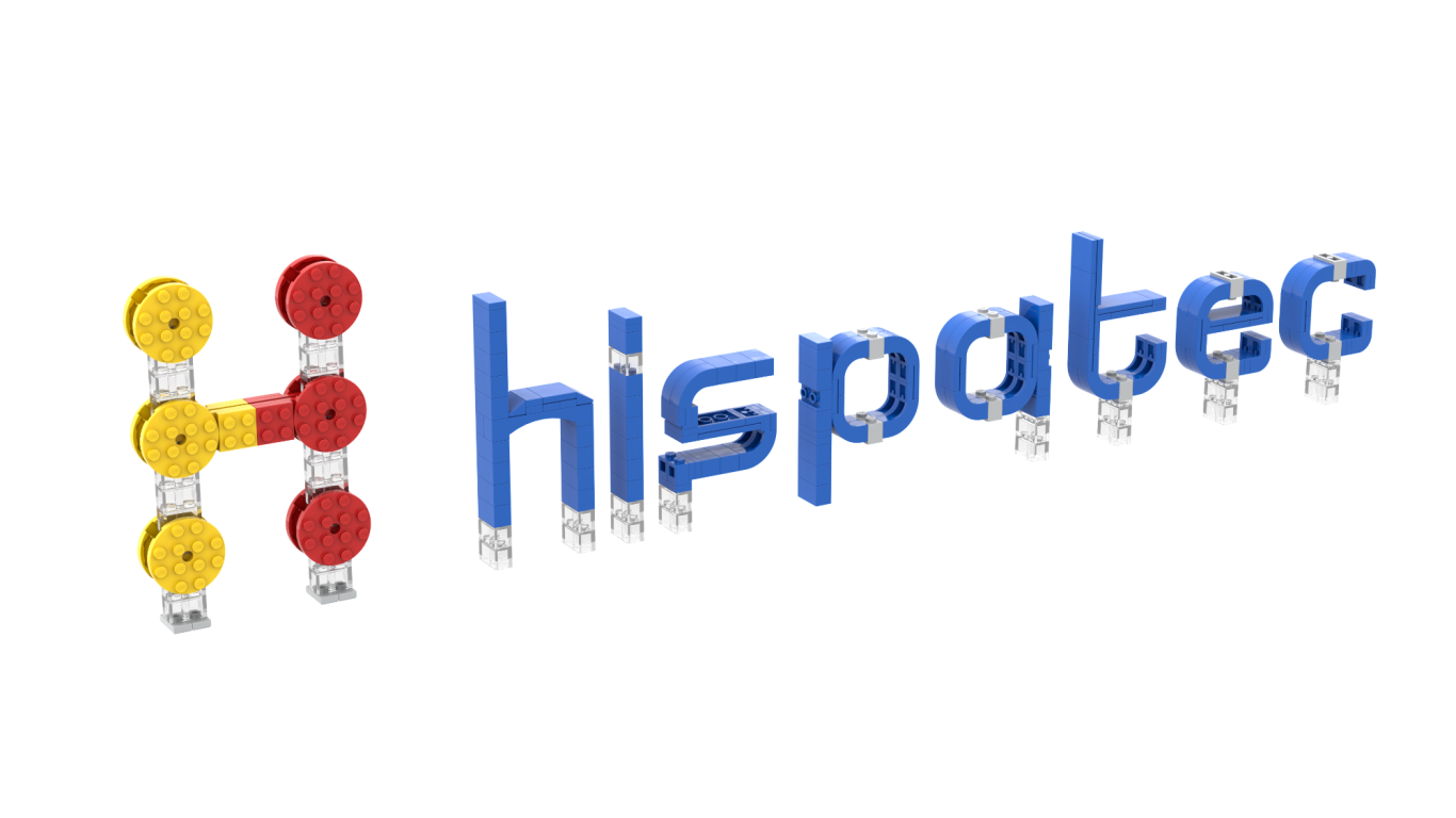Logotipo de Hispatec con elementos en azul, rojo y amarillo, representando tecnología.