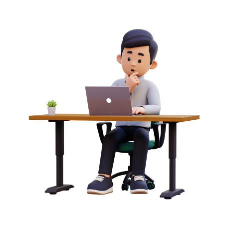 Hombre sentado en una silla frente a una laptop, pensativo, con una planta en el escritorio.