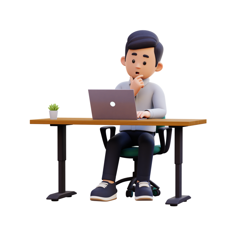 Hombre sentado en un escritorio, utilizando un portátil y pensando, con una planta pequeña.