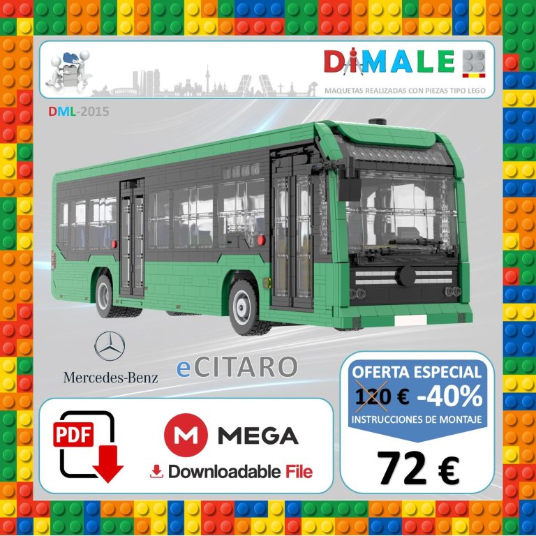 Autobús eléctrico Mercedes-Benz eCitaro en un fondo colorido de bloques. Oferta especial.