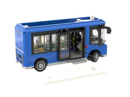 Modelo de autobús azul con puertas abiertas y detalle interior visible.