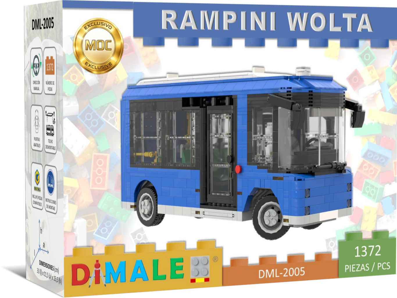 Autobús azul de juguete con caja de la marca DiMALE. Modelo Rampini Volta 3172.