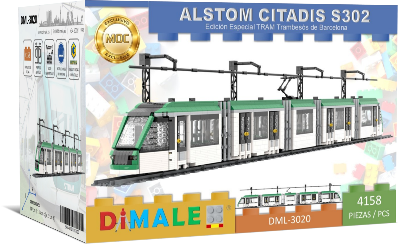 Maqueta de tren Alstom Citadis S302 de bloques de construcción.