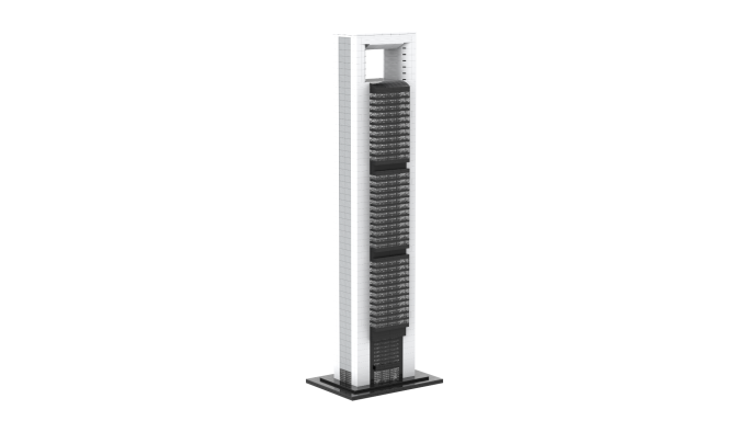 Estructura vertical con compartimentos de almacenamiento en color gris y blanco.