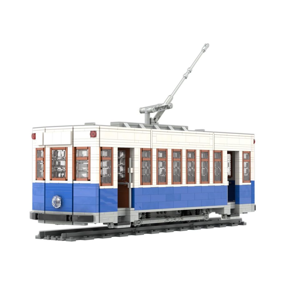 Tram modelo de juguete con detalles en blanco y azul, ventanas y un pantógrafo.