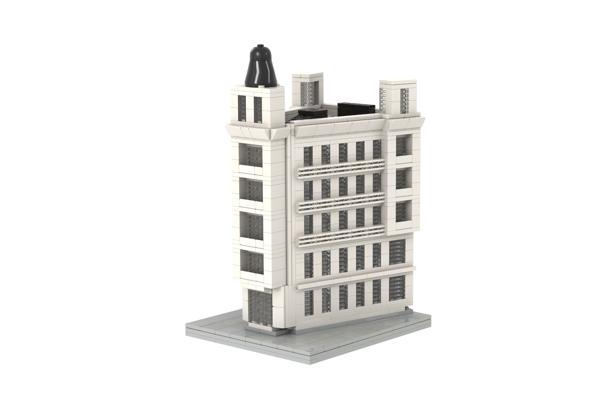 Edificio moderno de varios pisos con una azotea y detalles arquitectónicos en la parte superior.