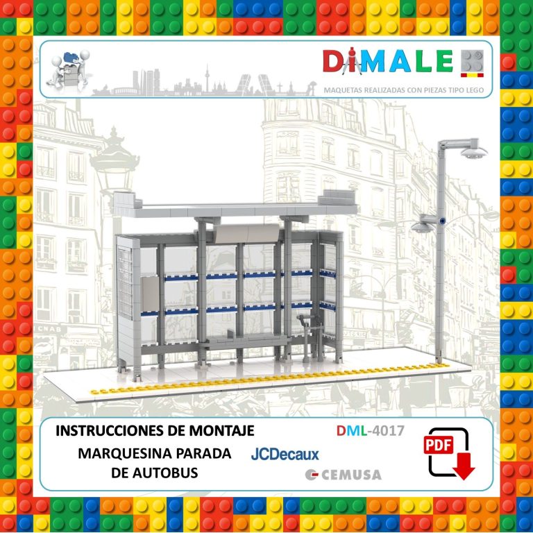 Parada de autobús moderna con panel informativo y farola, sobre fondo de bloques de colores. Instrucciones de montaje
