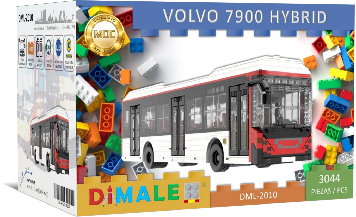Maqueta de un autobús Volvo 7900 híbrido con piezas de construcción alrededor.