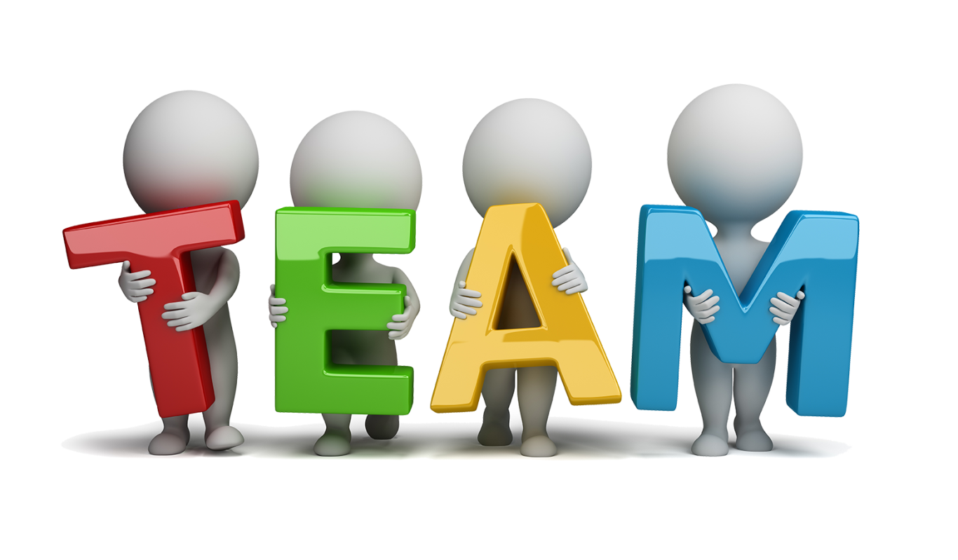 Cuatro figuras de muñecos sosteniendo las letras que forman la palabra "TEAM".