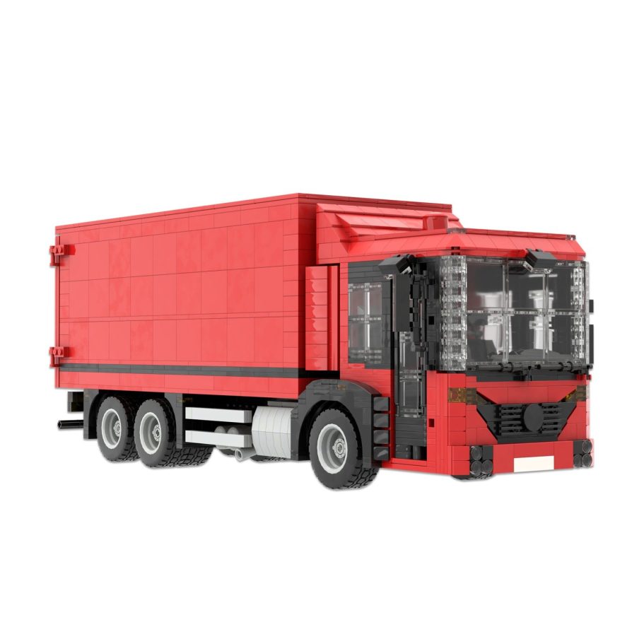 Camión de juguete rojo con caja de carga, diseñado con bloques de construcción.