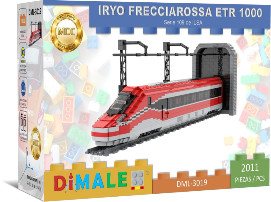 Tren Alta Velocidad IRYO Frecciarossa S109 Lego MOC Modelo de tren Frecciarossa ETR 1500 de juguete, en caja colorida.
