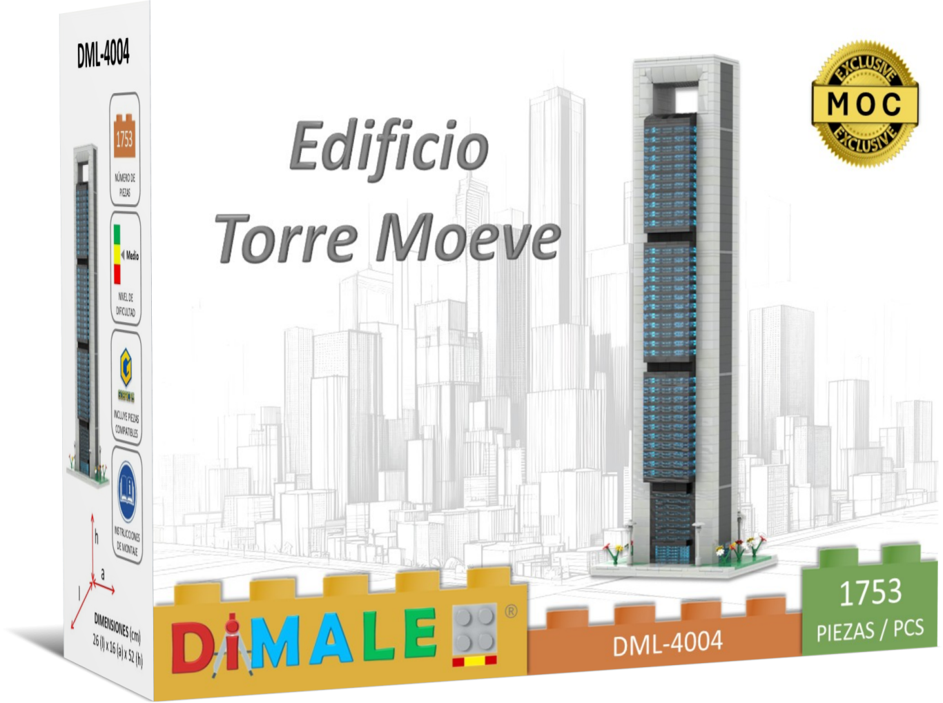 Maqueta del edificio Torre Moeve, con diseño moderno y detalles arquitectónicos.