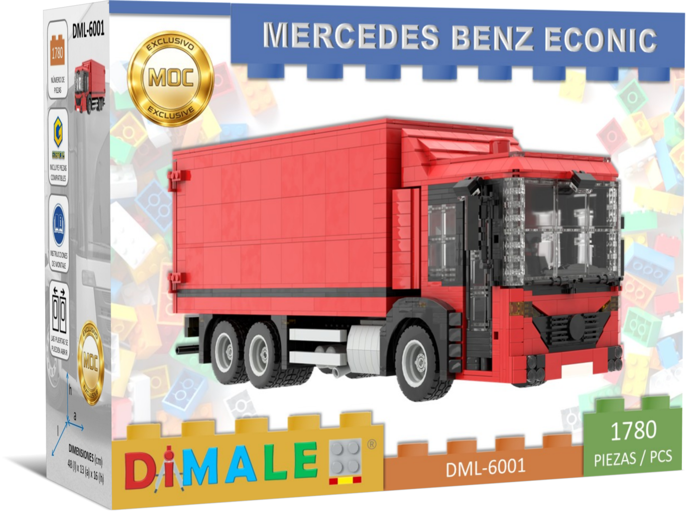 Caja de un modelo a escala de un Jeep Wrangler azul, con piezas de construcción.