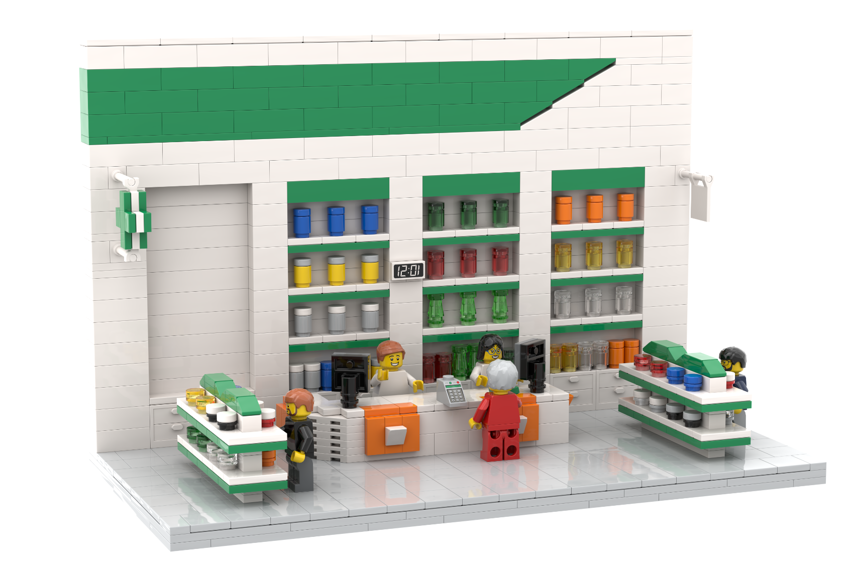 Escenario de una tienda con estantes llenos de productos y figuras de LEGO.