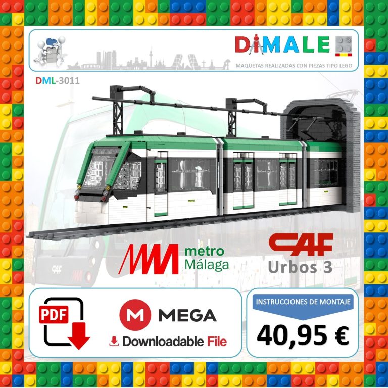 Modelo de tren de metro urbano "CAF Urbos 3" sobre un fondo de bloques de construcción.