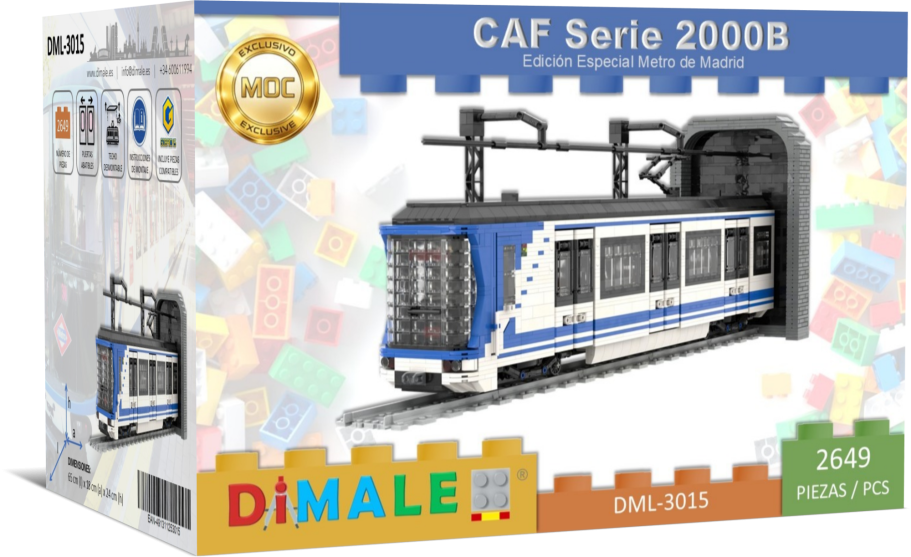 Tren Metro Madrid CAF S2000B Lego MOC Maqueta de tren urbano CAF Serie 2008, incluye túnel y ladrillos de construcción.