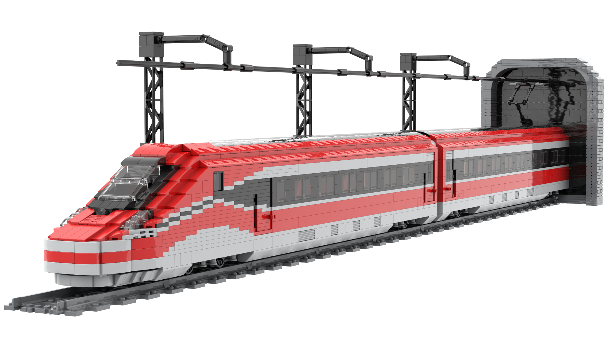 Tren de juguete rojo y blanco saliendo de un túnel. Railes visibles.