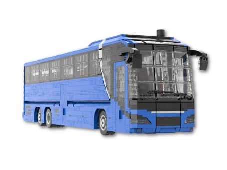 Autobús de color azul con ventanas grandes y diseño moderno.
