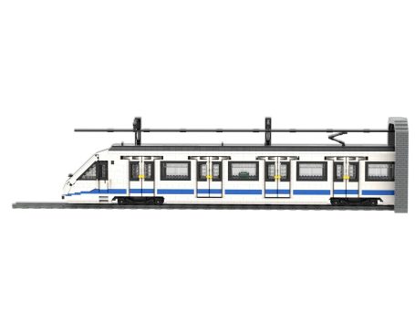 Tren de cercanías blanco y azul en una estación, con varias puertas visibles.